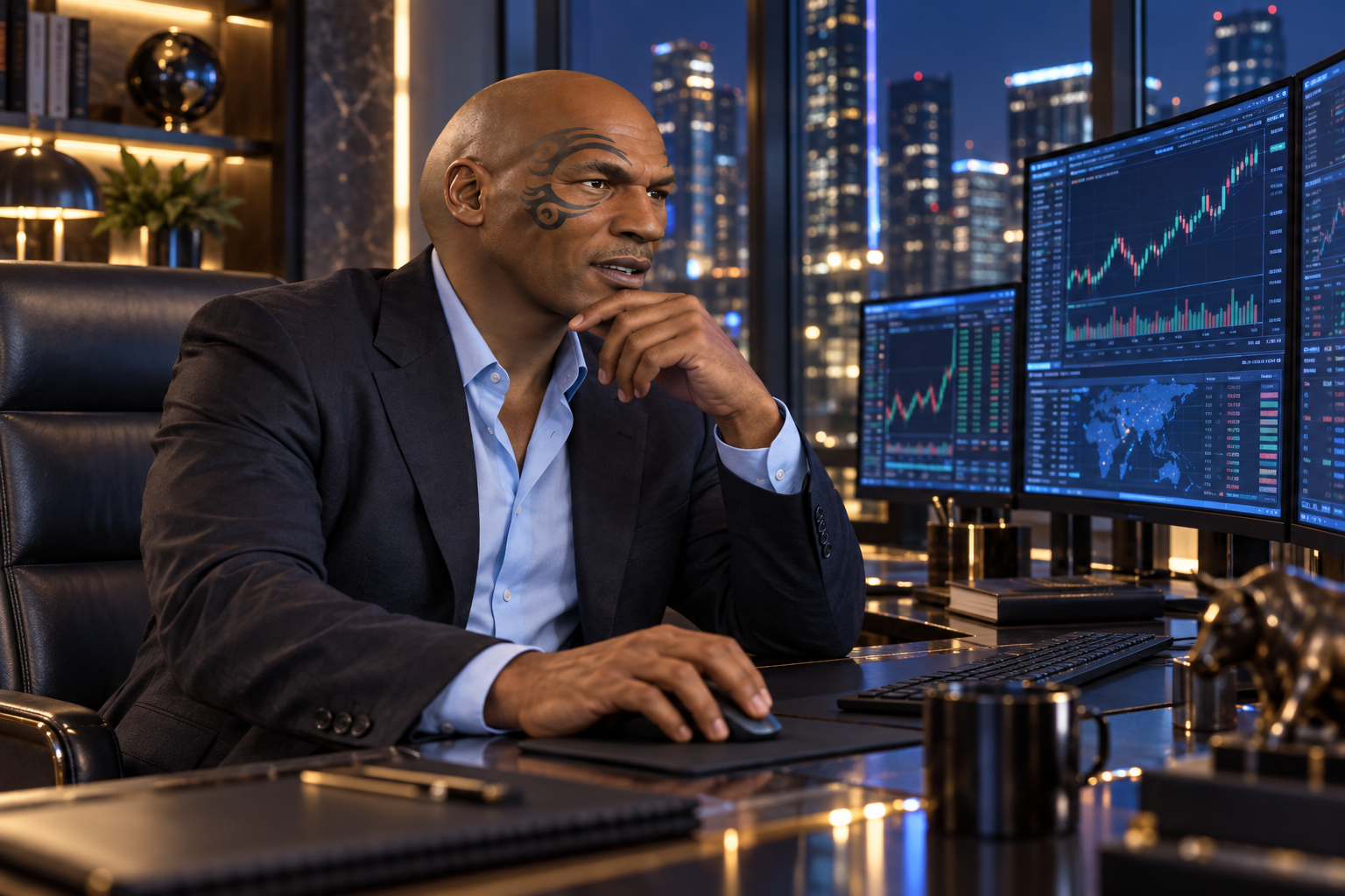 STONKSON studying market charts at a trading desk overlooking the city at night