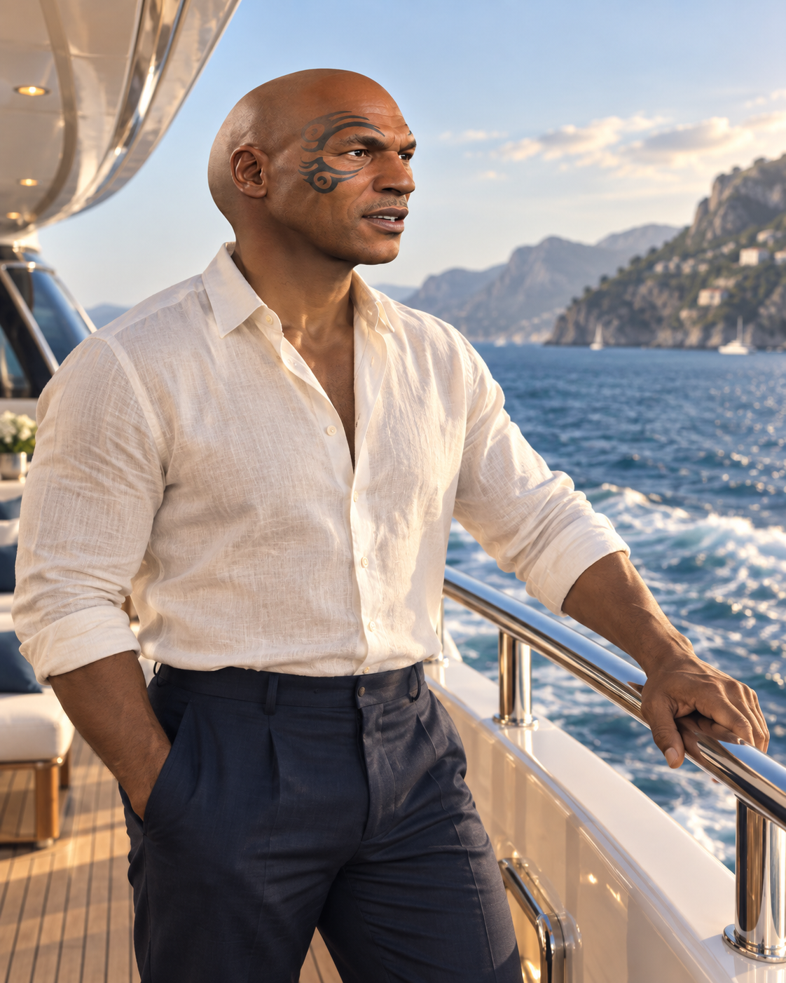 STONKSON in a white linen shirt aboard a yacht overlooking the coast
