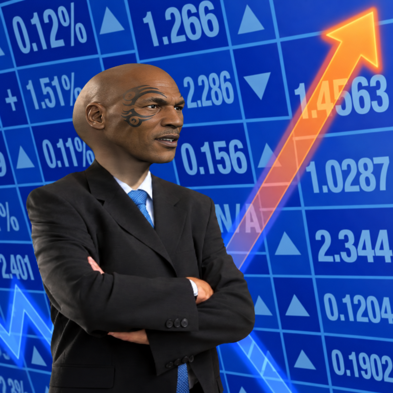 STONKSON with folded arms in front of a blue stock market board and a rising orange arrow